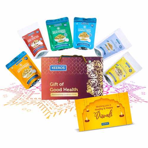 Keeros Healthy Holi Gift Hamper with Card : Combo of Sweet & Salted,Tasty & Nutritious Snacks in a Classy Premium Gift Box | 6 Varieties of Healthy Snack Pouches of 35g to 50g