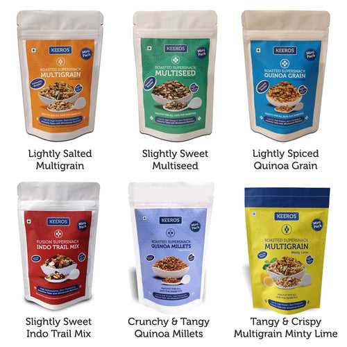 Healthy & Diabetic Friendly Super Snacks Combo of 6 Varieties x 3 small packs of each | Lightly Salted & Spiced, Tangy & Crunch | Tasty & Nutritious