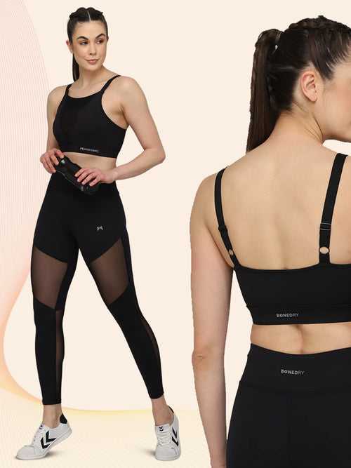 Pair of High Waist Mesh Panel Workout Tight & High Impact V Mesh Sports Bra – Black