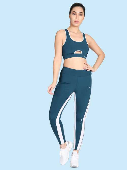 Pair of Medium Waist Side Strap Tight & Running Sports Bra – Teal Blue