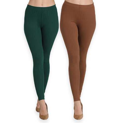 Groversons Paris Beauty Women's Pack of 2 Regular Leggings (BOTTLE GREEN & CADBURRY)