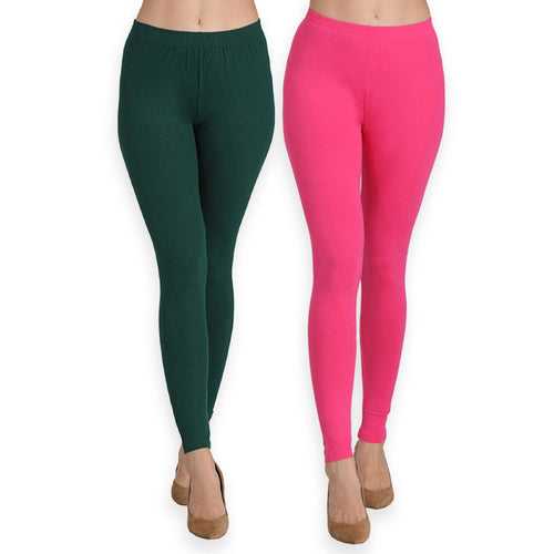 Groversons Paris Beauty Women's Pack of 2 Regular Leggings (BOTTLE GREEN & FUSHIA)