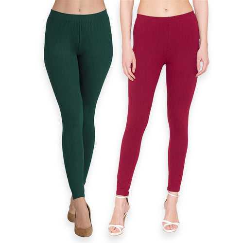 Groversons Paris Beauty Women's Pack of 2 Regular Leggings (BOTTLE GREEN & MAROON)