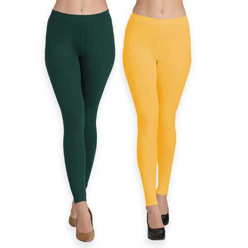 Groversons Paris Beauty Women's Pack of 2 Regular Leggings (BOTTLE GREEN & MUSTURD GOLD)