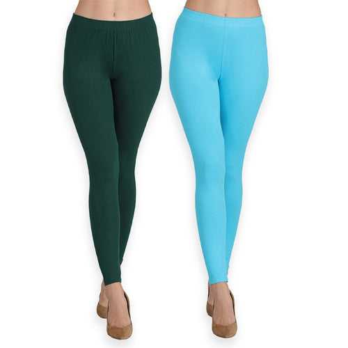 Groversons Paris Beauty Women's Pack of 2 Regular Leggings (BOTTLE GREEN & OCEAN BLUE)