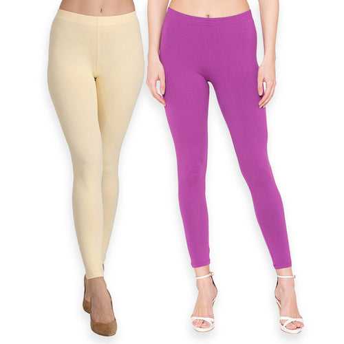 Groversons Paris Beauty Women's Pack of 2 Regular Leggings (BUTTER & STRIKING PURPLE)