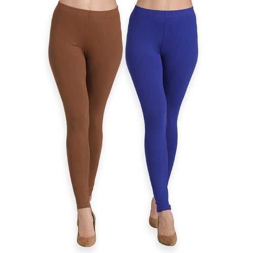 Groversons Paris Beauty Women's Pack of 2 Regular Leggings (CADBURRY & ROYAL BLUE)