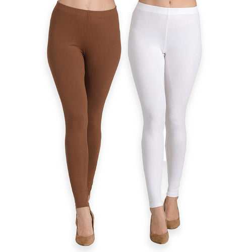 Groversons Paris Beauty Women's Pack of 2 Regular Leggings (CADBURRY & WHITE)