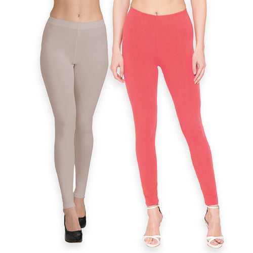 Groversons Paris Beauty Women's Pack of 2 Regular Leggings (CEMENT & CORAL)