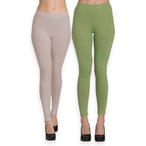 Groversons Paris Beauty Women's Pack of 2 Regular Leggings (CEMENT & OLIVE GREEN)