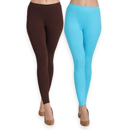 Groversons Paris Beauty Women's Pack of 2 Regular Leggings (COFFEE & OCEAN BLUE)