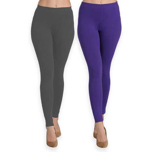 Groversons Paris Beauty Women's Pack of 2 Regular Leggings (DARK GREY & PURPLE)