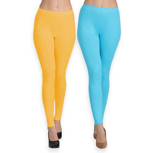 Groversons Paris Beauty Women's Pack of 2 Regular Leggings (MUSTURD GOLD & OCEAN BLUE)