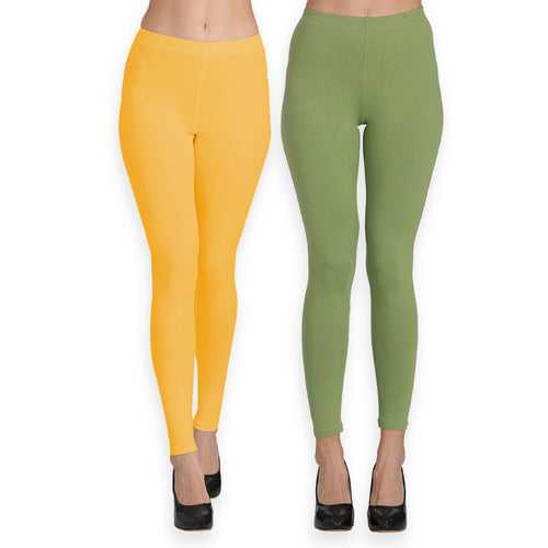 Groversons Paris Beauty Women's Pack of 2 Regular Leggings (MUSTURD GOLD & OLIVE GREEN)