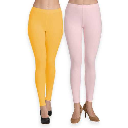 Groversons Paris Beauty Women's Pack of 2 Regular Leggings (MUSTURD GOLD & PINK)