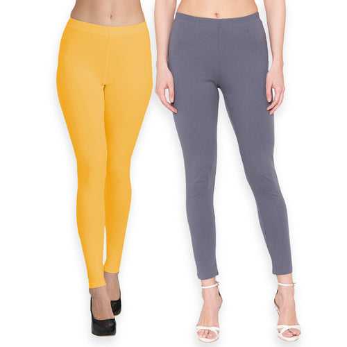 Groversons Paris Beauty Women's Pack of 2 Regular Leggings (MUSTURD GOLD & STEEL GREY)