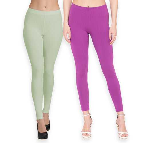 Groversons Paris Beauty Women's Pack of 2 Regular Leggings (PISTA & STRIKING PURPLE)