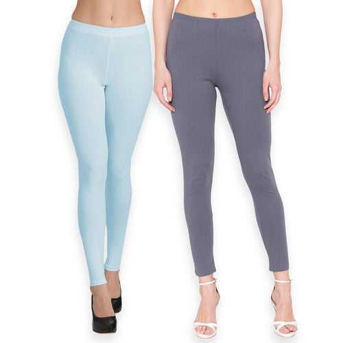 Groversons Paris Beauty Women's Pack of 2 Regular Leggings (SKY  & STEEL GREY)