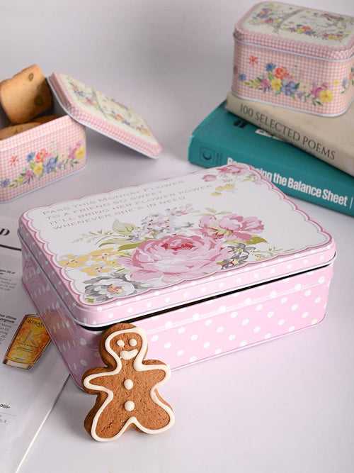 Floral Tin Storage Box Container  - Set Of 6, Yellow & Pink