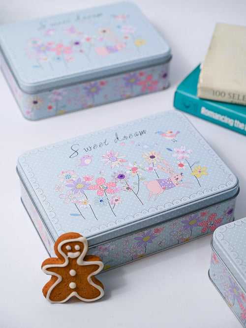 Floral Tin Storage Box Container  - Set Of 6, Sky Blue