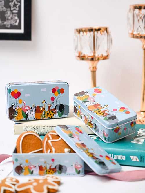 Mini Animal Print Tin Storage Box - Set Of 3, Sky Blue