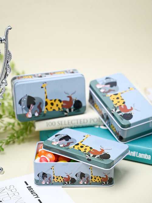 Mini Animal Print Tin Storage Box - Set Of 3, Blue