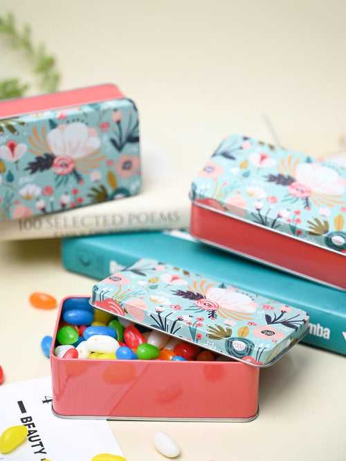 Floral Tin Storage Box - Set Of 3, Cyan