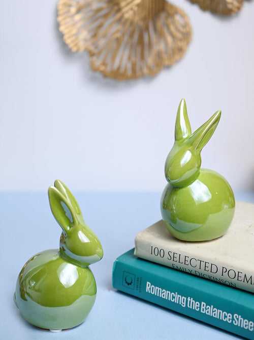 VON CASA Ceramic Decorative Rabbit - Green, Set Of 2