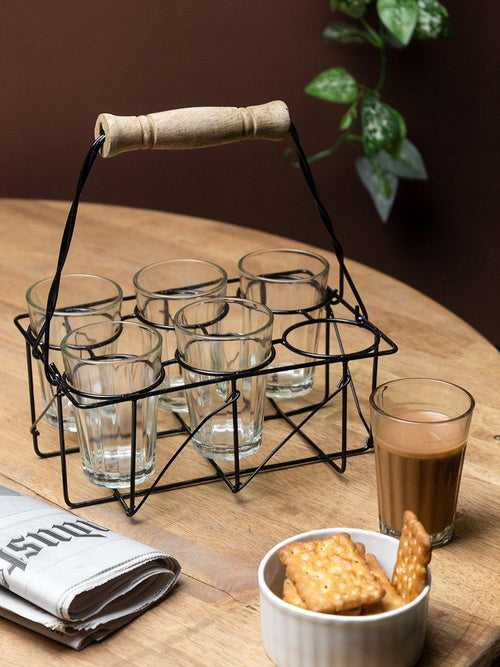Tea Stand With Glasses - (Black, Metal & Glass)
