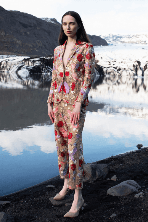 Multicolour Embroidered Floral Suit