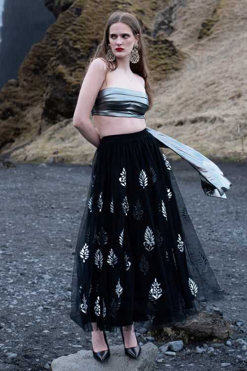 Silver and Black Applique Maxi Skirt Set