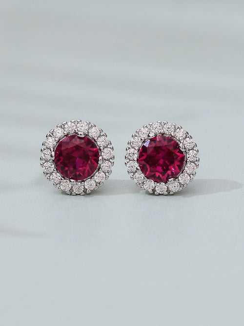 Created Ruby And American Diamond Halo Earrings In 925 Silver