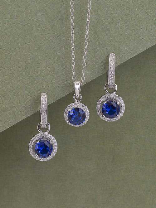 Blue Sapphire Halo Necklace Set With Earrings For Women