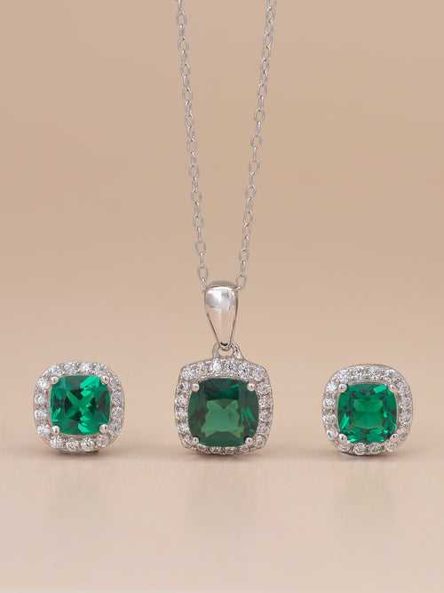 925 Silver Cushion Cut Emerald Pendant And Earrings