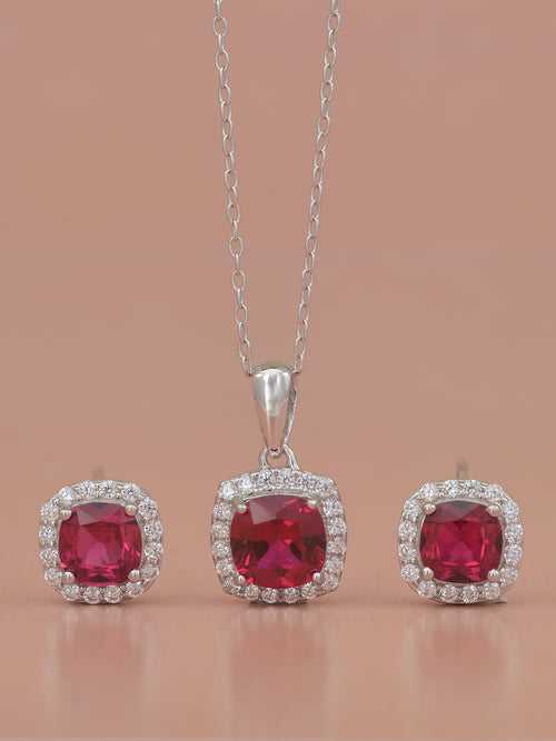 Cushion Cut Ruby Pendant With Earrings In 925 Silver