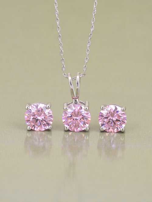 Ornate Jewels Pink Solitaire Necklace With Earrings