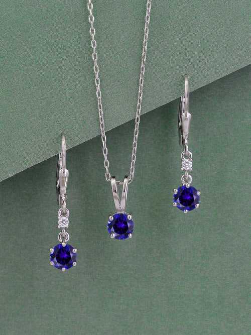 Blue Sapphire Solatire Necklace With Dangler Earrings Set