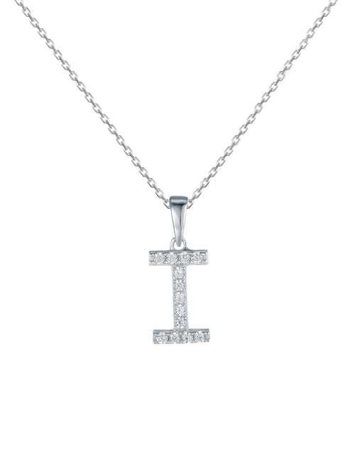 Silver I Initial Letters Or Alphabet Necklace With American Diamonds