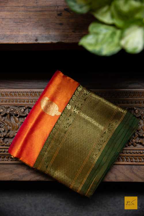 Orange and Green Chanderi Handwoven Silk Saree