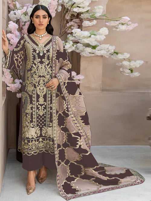 Odette Brown Organza Embroidered Semi Stitched Salwar Suit For Women