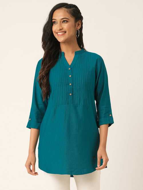 Odette Teal Solid Rayon Stitched Short Kurta For Women