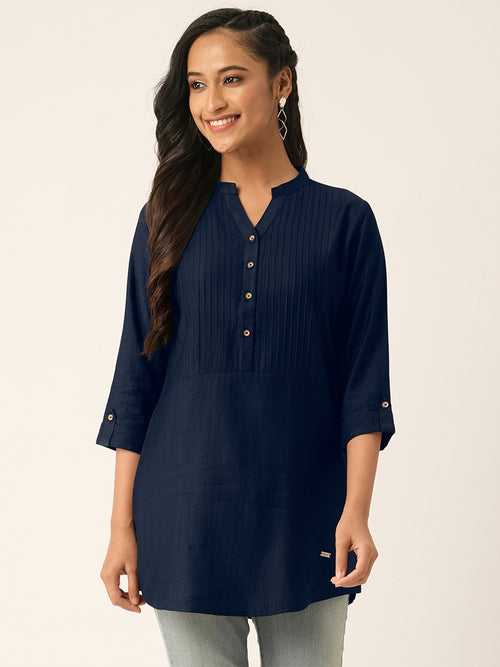 Odette NavyBlue Printed Rayon Stitched Short Kurta For Women