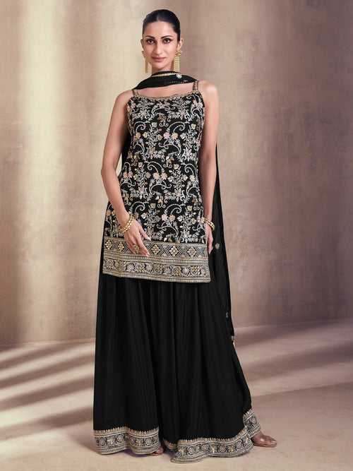 Odette Black Embroidered Georgette Semi Stitched Salwar Suit For Women