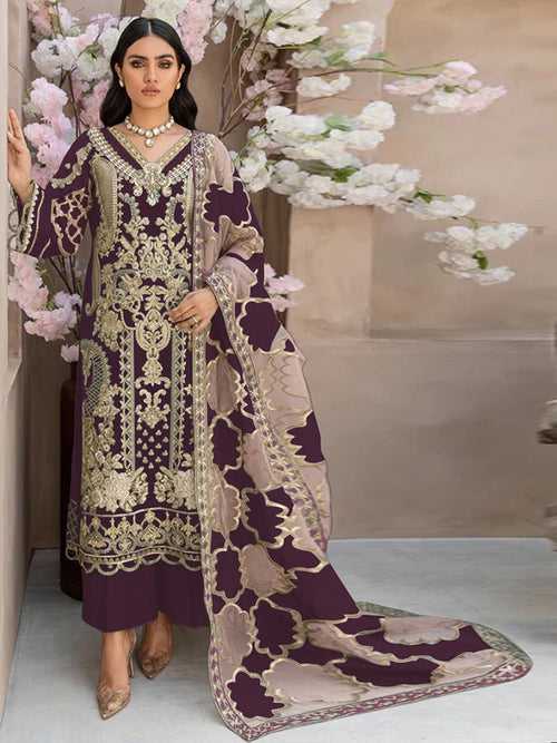 Odette Wine Organza Embroidered Semi Stitched Salwar Suit For Women
