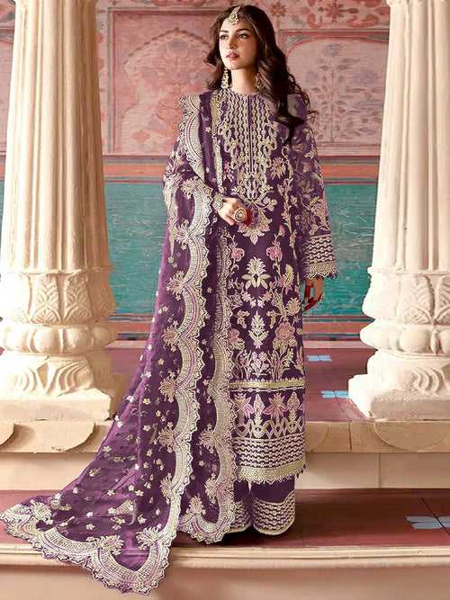 Odette Purple Embroidered Organza Semi Stitched Salwar Suit For Women