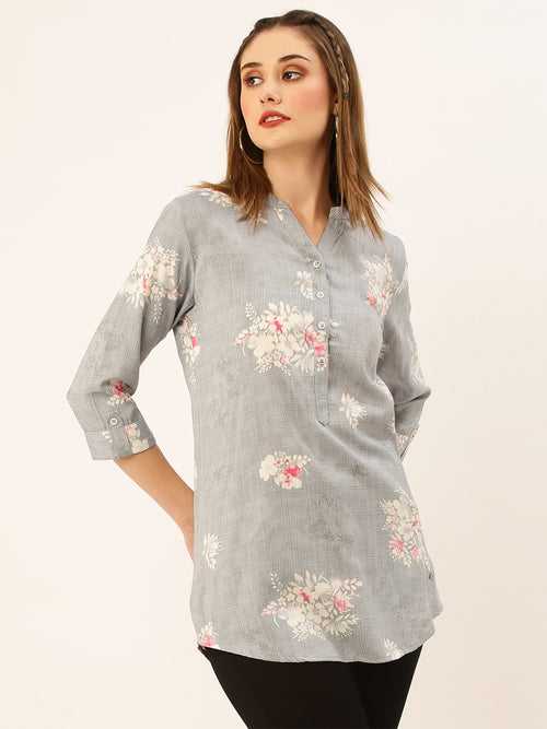 Odette Grey Printed Rayon Stitched Kurta For Women