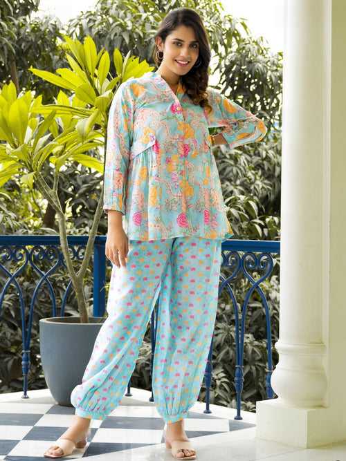 Odette Multi Color Muslin Printed Stitched Indo Western Co Ord Set For Women