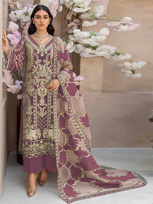 Odette Purple Organza Embroidered Semi Stitched Salwar Suit For Women