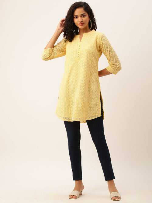 Odette Yellow Embroidered Georgette Stitched Short Kurta For Women
