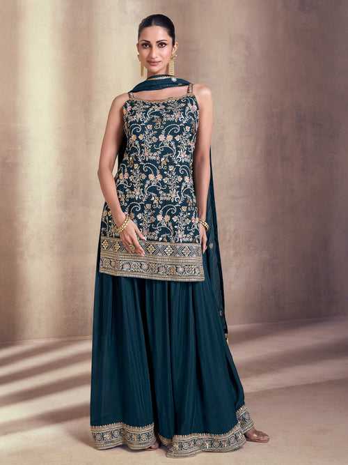 Odette Teal Embroidered Georgette Semi Stitched Salwar Suit For Women